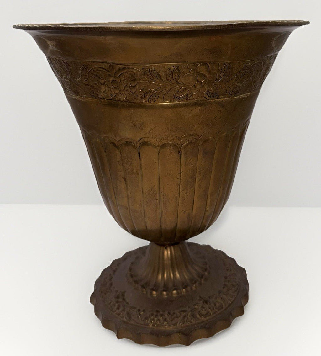 10 5/8" Solid Brass Footed Urn / Pot Embossed Floral Rolled Top Rim 9 5/8" Diam. - AntiquesEtcetera10 5/8" Solid Brass Footed Urn / Pot Embossed Floral Rolled Top Rim 9 5/8" Diam.AntiquesEtceteraAntiquesEtcetera