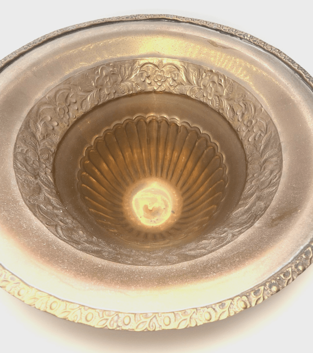 10 5/8" Solid Brass Footed Urn / Pot Embossed Floral Rolled Top Rim 9 5/8" Diam. - AntiquesEtcetera10 5/8" Solid Brass Footed Urn / Pot Embossed Floral Rolled Top Rim 9 5/8" Diam.AntiquesEtceteraAntiquesEtcetera