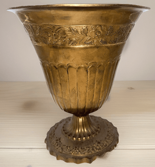 10 5/8" Solid Brass Footed Urn / Pot Embossed Floral Rolled Top Rim 9 5/8" Diam. - AntiquesEtcetera10 5/8" Solid Brass Footed Urn / Pot Embossed Floral Rolled Top Rim 9 5/8" Diam.AntiquesEtceteraAntiquesEtcetera
