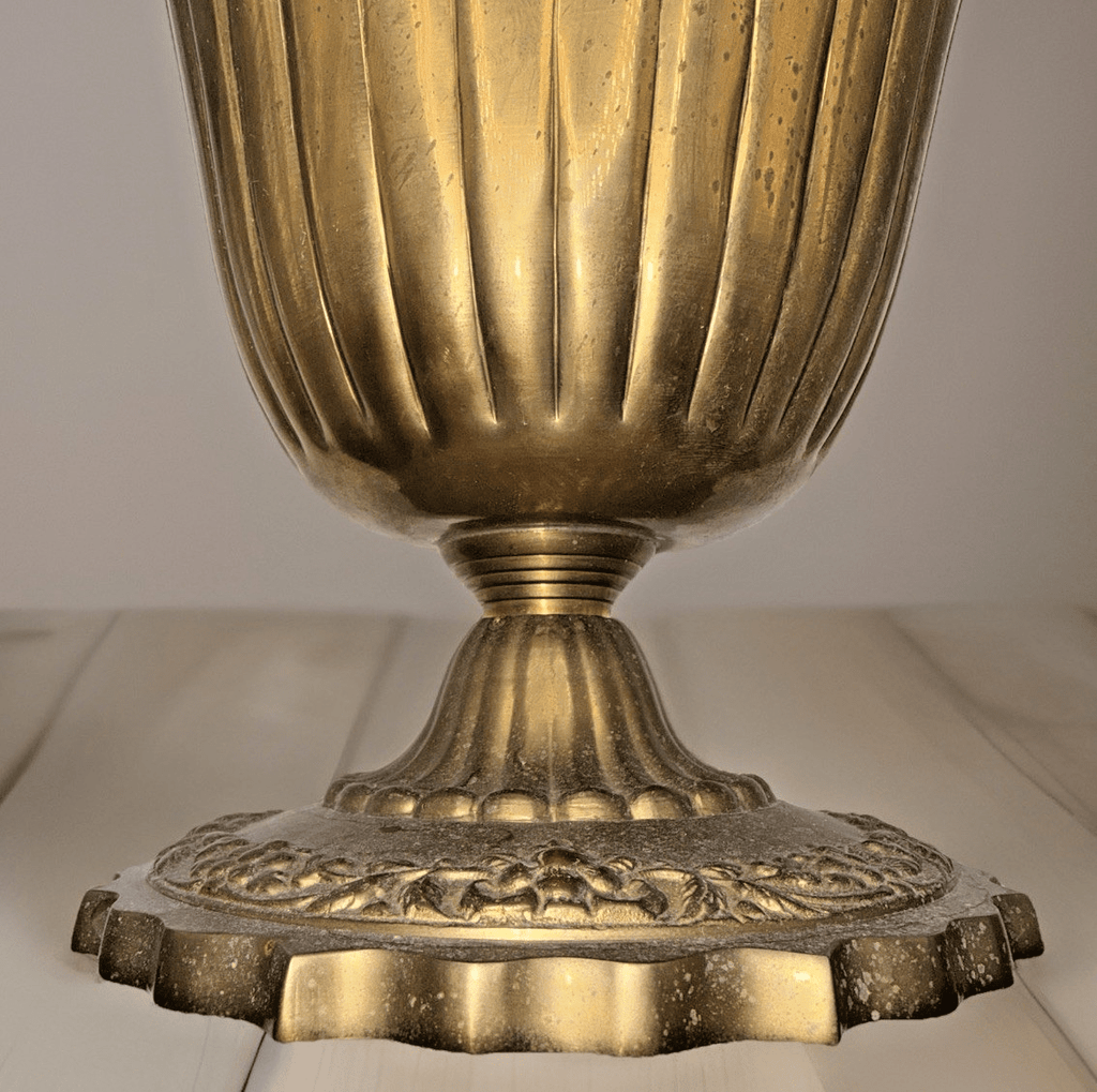 10 5/8" Solid Brass Footed Urn / Pot Embossed Floral Rolled Top Rim 9 5/8" Diam. - AntiquesEtcetera10 5/8" Solid Brass Footed Urn / Pot Embossed Floral Rolled Top Rim 9 5/8" Diam.AntiquesEtceteraAntiquesEtcetera