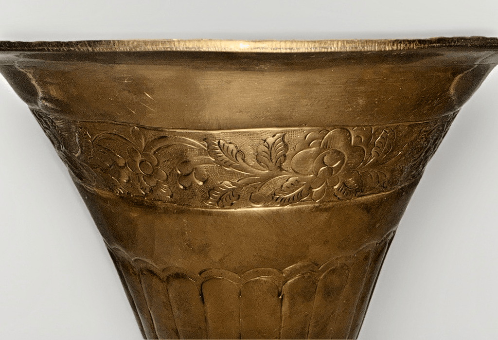 10 5/8" Solid Brass Footed Urn / Pot Embossed Floral Rolled Top Rim 9 5/8" Diam. - AntiquesEtcetera10 5/8" Solid Brass Footed Urn / Pot Embossed Floral Rolled Top Rim 9 5/8" Diam.AntiquesEtceteraAntiquesEtcetera