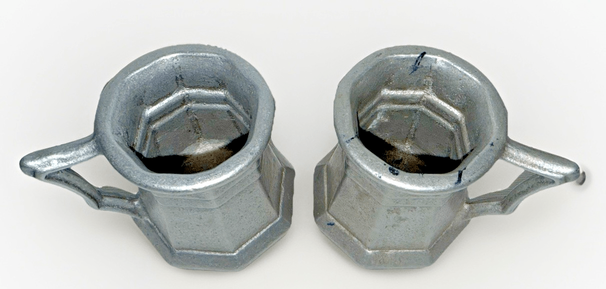 2 Antique Pewter 4 oz. Tankards Octagonal Body with Art Deco Styling / Handles - AntiquesEtcetera2 Antique Pewter 4 oz. Tankards Octagonal Body with Art Deco Styling / HandlesUnbrandedAntiquesEtcetera