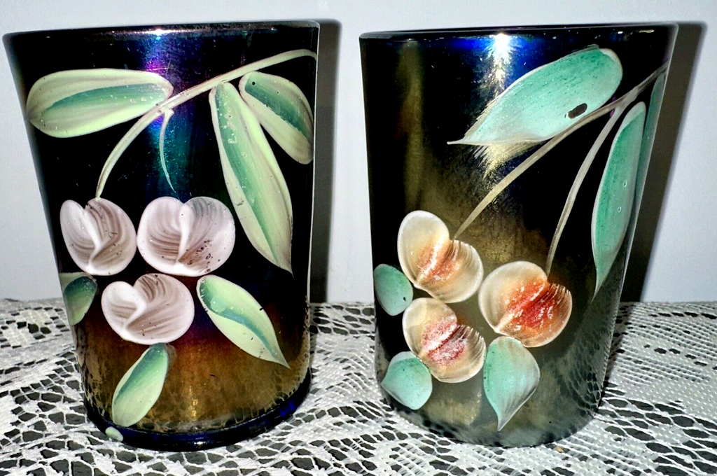 2 Northwood Iridescent Purple Carnival Glass Tumblers Cherry Motif 3 7/8" High - AntiquesEtcetera2 Northwood Iridescent Purple Carnival Glass Tumblers Cherry Motif 3 7/8" HighNorthwoodAntiquesEtcetera
