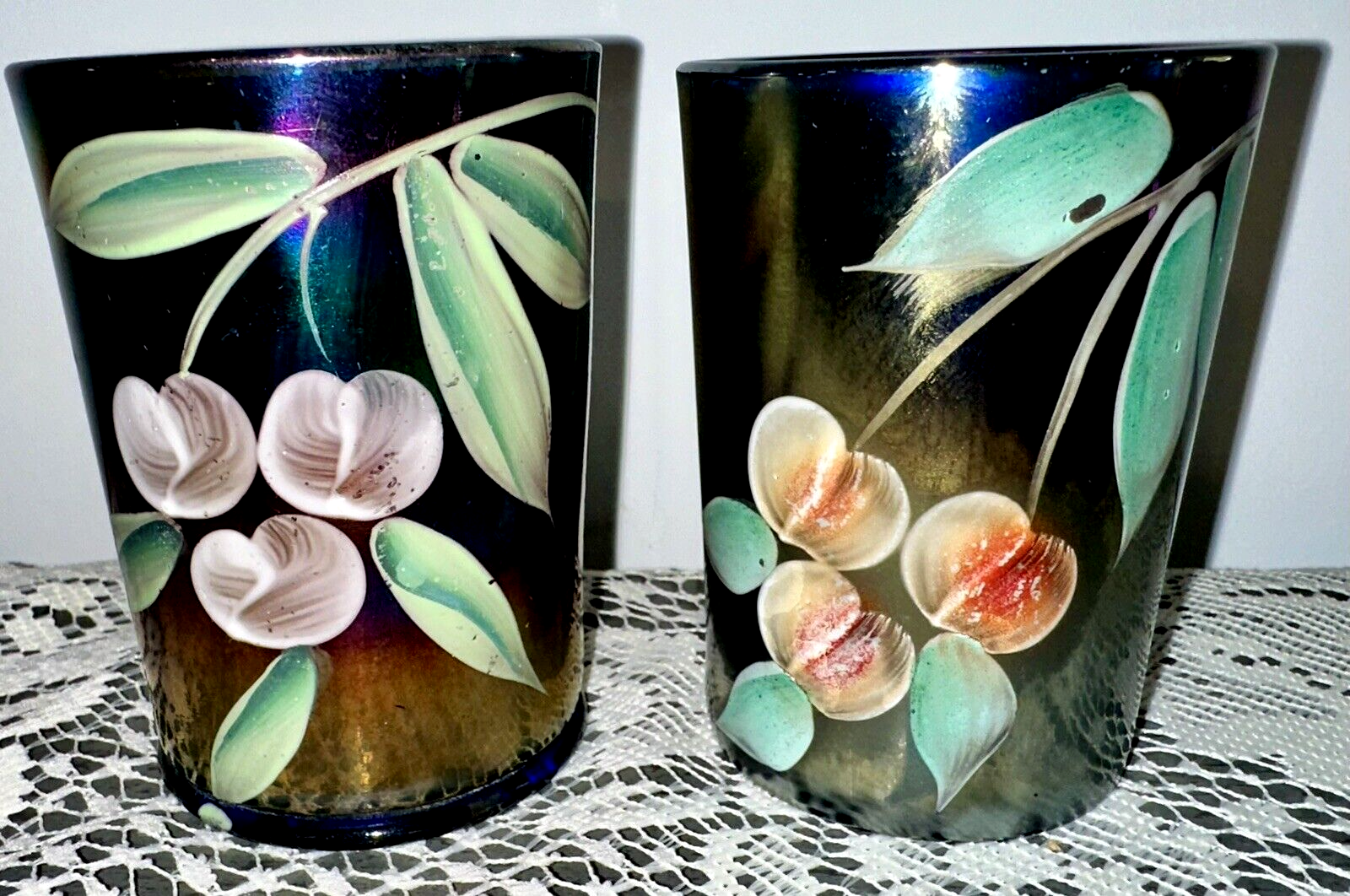 2 Northwood Iridescent Purple Carnival Glass Tumblers Cherry Motif 3 7/8" High - AntiquesEtcetera2 Northwood Iridescent Purple Carnival Glass Tumblers Cherry Motif 3 7/8" HighNorthwoodAntiquesEtcetera