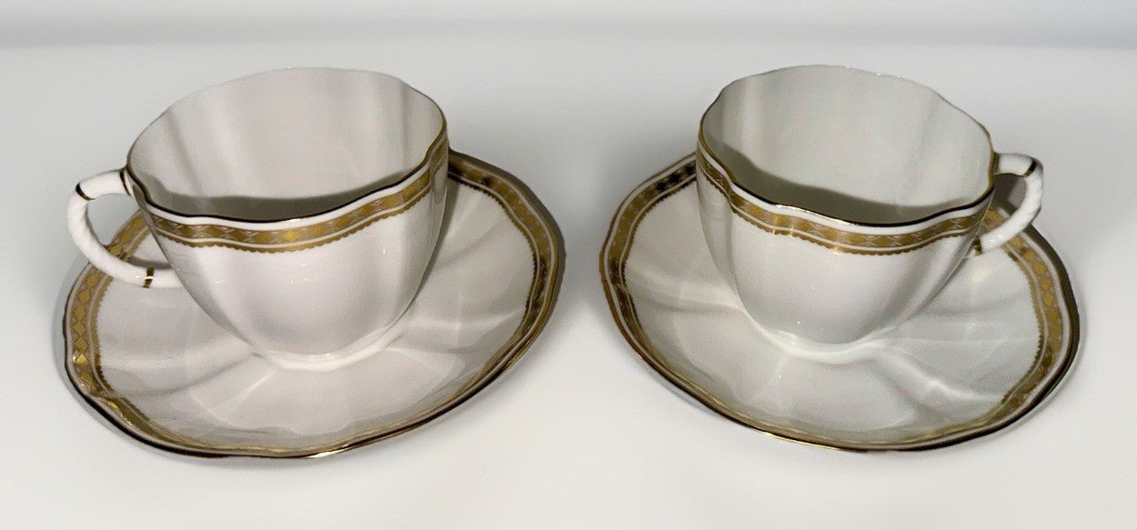 2 Royal Crown Derby Carlton Gold Cups and Saucers Beautiful Set & Pattern - AntiquesEtcetera2 Royal Crown Derby Carlton Gold Cups and Saucers Beautiful Set & PatternRoyal Crown DerbyAntiquesEtcetera
