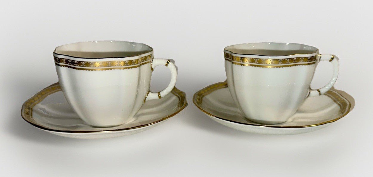 2 Royal Crown Derby Carlton Gold Cups and Saucers Beautiful Set & Pattern - AntiquesEtcetera2 Royal Crown Derby Carlton Gold Cups and Saucers Beautiful Set & PatternRoyal Crown DerbyAntiquesEtcetera