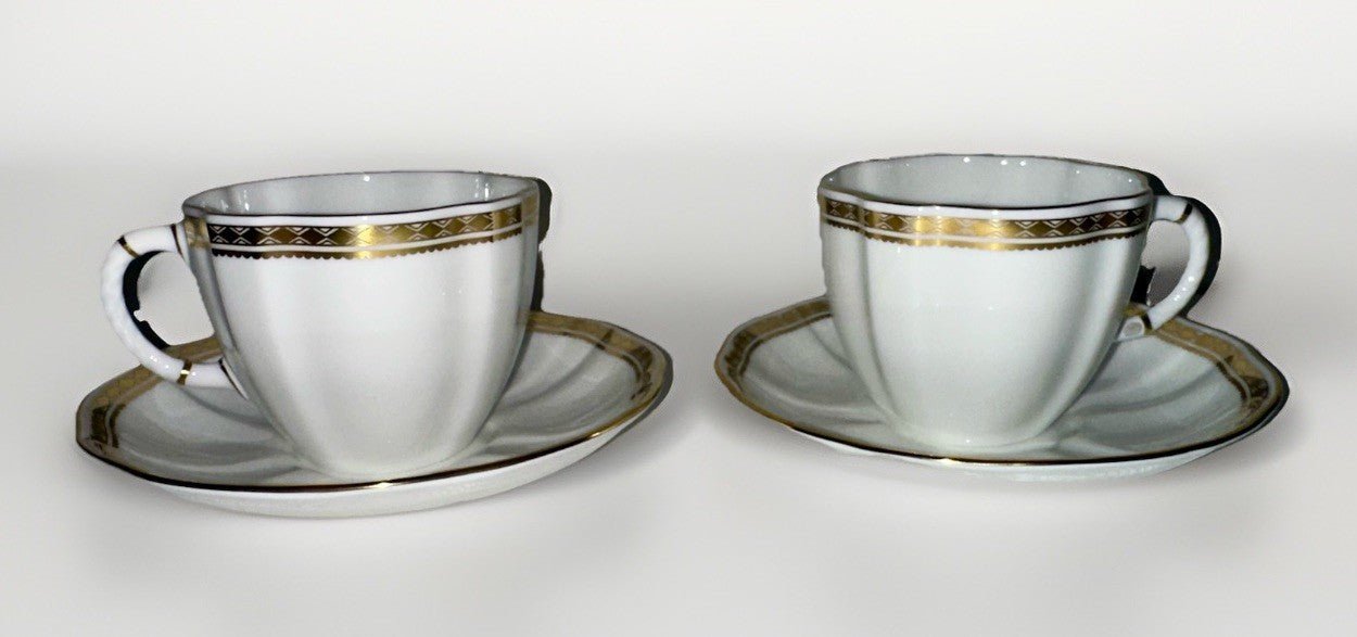 2 Royal Crown Derby Carlton Gold Cups and Saucers Beautiful Set & Pattern - AntiquesEtcetera2 Royal Crown Derby Carlton Gold Cups and Saucers Beautiful Set & PatternRoyal Crown DerbyAntiquesEtcetera