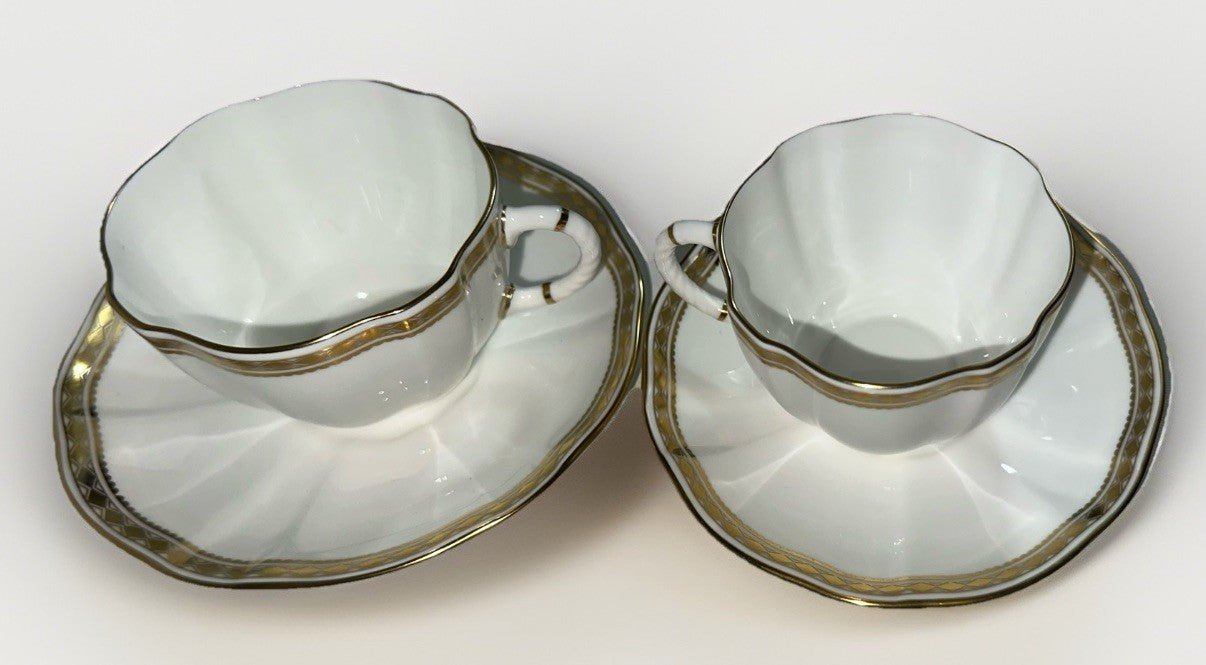 2 Royal Crown Derby Carlton Gold Cups and Saucers Beautiful Set & Pattern - AntiquesEtcetera2 Royal Crown Derby Carlton Gold Cups and Saucers Beautiful Set & PatternRoyal Crown DerbyAntiquesEtcetera