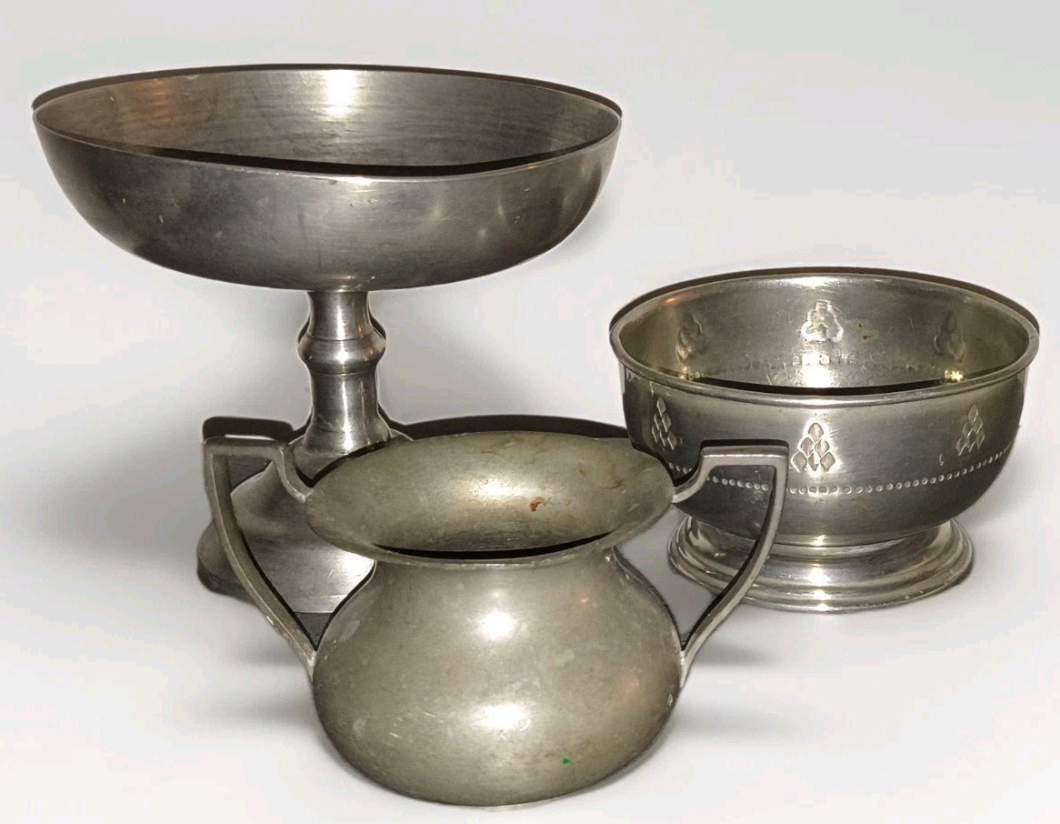 3 Antique Pewter Serving Pieces Each Hallmarked, 1 TUDRIC w/ hand - hammered motif - AntiquesEtcetera3 Antique Pewter Serving Pieces Each Hallmarked, 1 TUDRIC w/ hand - hammered motifEach with HallmarksAntiquesEtcetera