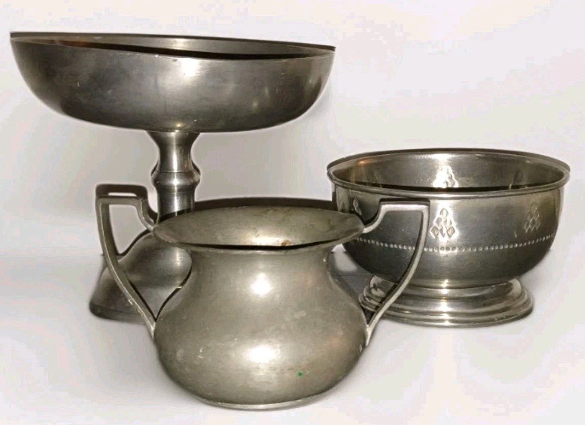 3 Antique Pewter Serving Pieces Each Hallmarked, 1 TUDRIC w/ hand - hammered motif - AntiquesEtcetera3 Antique Pewter Serving Pieces Each Hallmarked, 1 TUDRIC w/ hand - hammered motifEach with HallmarksAntiquesEtcetera