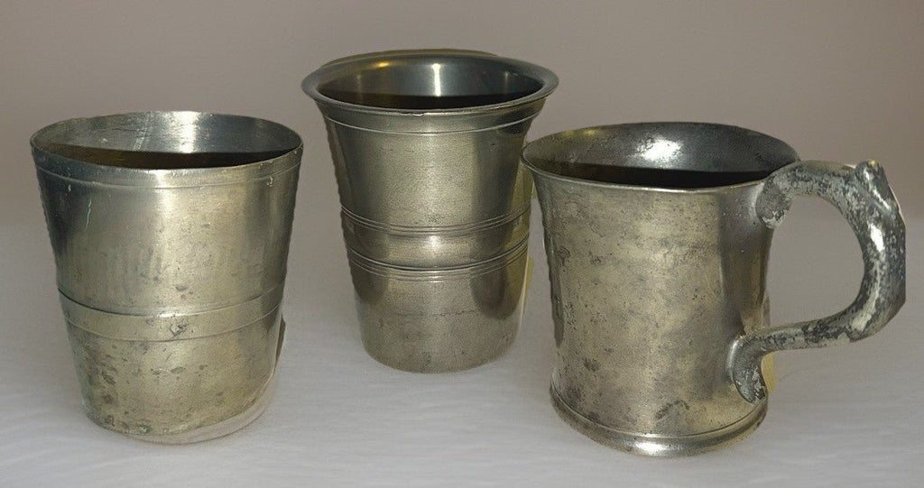 3 Antique Pewter Tumblers / Mugs - 1 w/ Touchmark Very Heavy 1 w/ Applied Handle - AntiquesEtcetera3 Antique Pewter Tumblers / Mugs - 1 w/ Touchmark Very Heavy 1 w/ Applied HandleUnbrandedAntiquesEtcetera