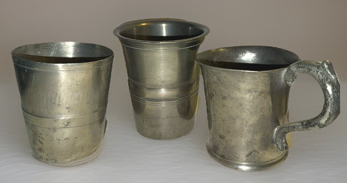 3 Antique Pewter Tumblers / Mugs - 1 w/ Touchmark Very Heavy 1 w/ Applied Handle - AntiquesEtcetera3 Antique Pewter Tumblers / Mugs - 1 w/ Touchmark Very Heavy 1 w/ Applied HandleUnbrandedAntiquesEtcetera