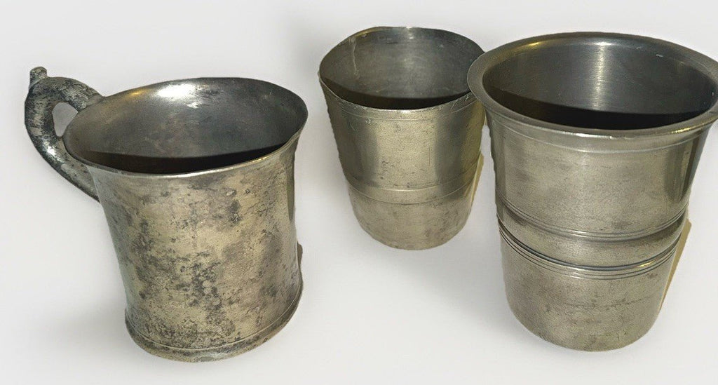 3 Antique Pewter Tumblers / Mugs - 1 w/ Touchmark Very Heavy 1 w/ Applied Handle - AntiquesEtcetera3 Antique Pewter Tumblers / Mugs - 1 w/ Touchmark Very Heavy 1 w/ Applied HandleUnbrandedAntiquesEtcetera