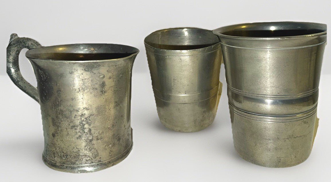 3 Antique Pewter Tumblers / Mugs - 1 w/ Touchmark Very Heavy 1 w/ Applied Handle - AntiquesEtcetera3 Antique Pewter Tumblers / Mugs - 1 w/ Touchmark Very Heavy 1 w/ Applied HandleUnbrandedAntiquesEtcetera