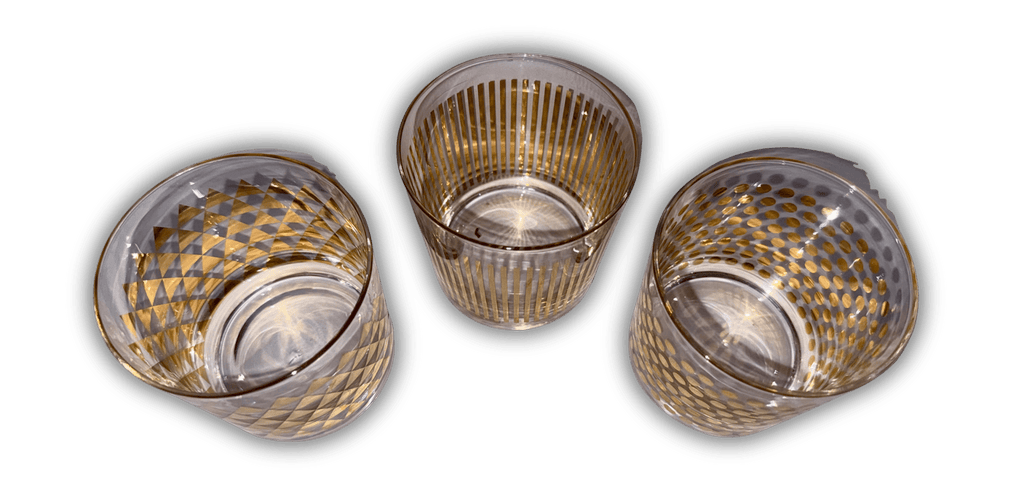 3 MCM Elegant Glass Tumblers with Geometric Gold Trim - AntiquesEtcetera3 MCM Elegant Glass Tumblers with Geometric Gold TrimElegant GlassAntiquesEtceteraAntiquesEtcetera