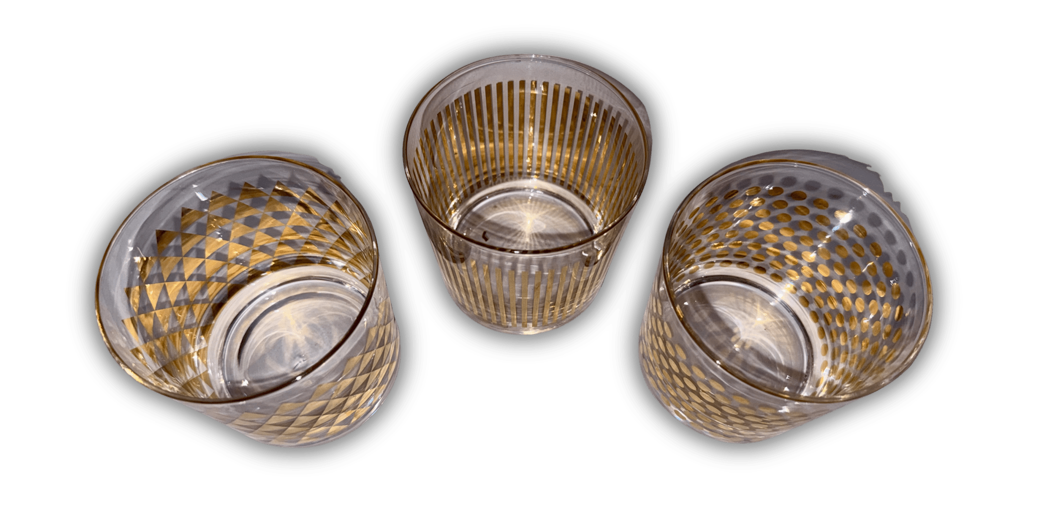 3 MCM Elegant Glass Tumblers with Geometric Gold Trim - AntiquesEtcetera3 MCM Elegant Glass Tumblers with Geometric Gold TrimElegant GlassAntiquesEtceteraAntiquesEtcetera