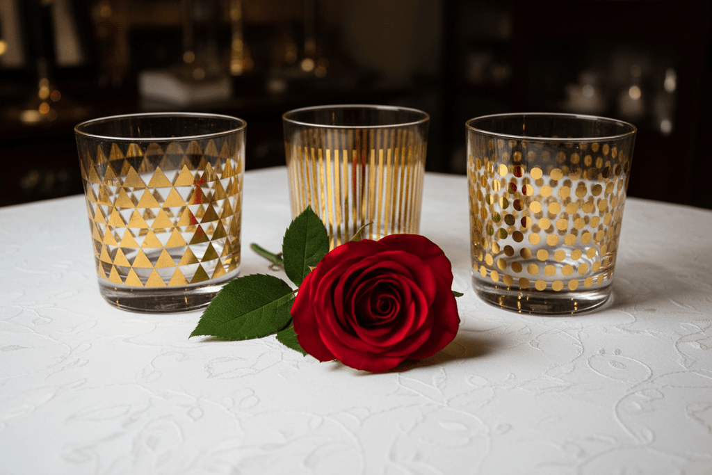 3 MCM Elegant Glass Tumblers with Geometric Gold Trim - AntiquesEtcetera3 MCM Elegant Glass Tumblers with Geometric Gold TrimElegant GlassAntiquesEtceteraAntiquesEtcetera