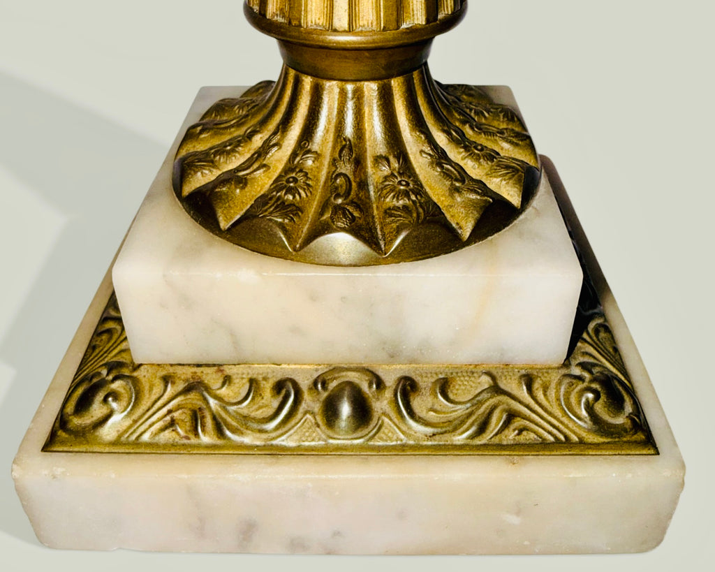 Whale Oil Kerosene Stand Lamp Amber Glass Engraved Grape Motif, Stepped Base