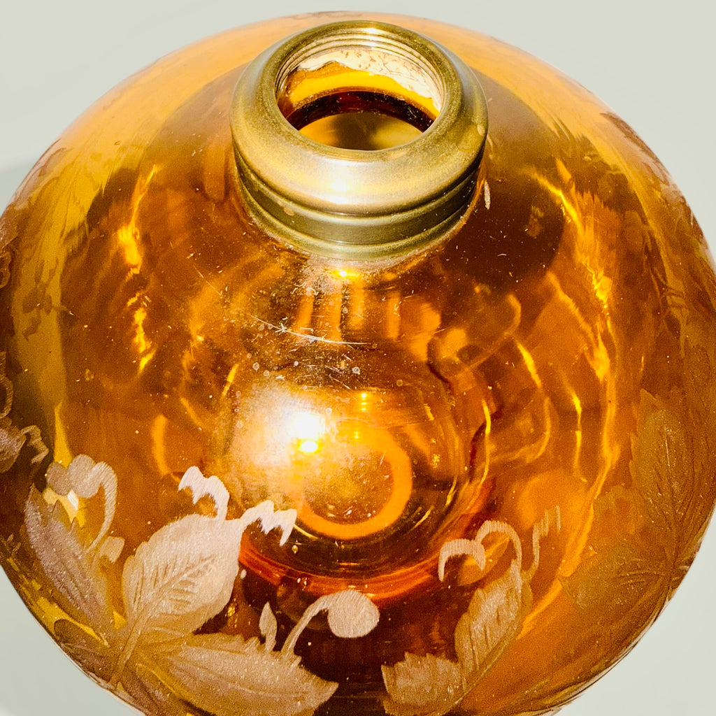 Whale Oil Kerosene Stand Lamp Amber Glass Engraved Grape Motif, Stepped Base