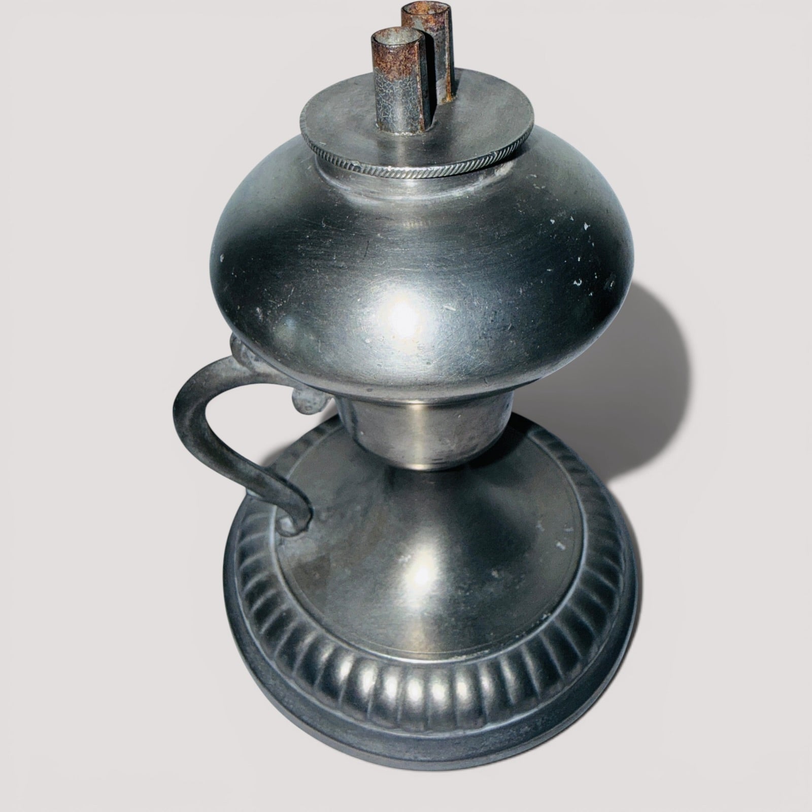 Antique Pewter Whale Oil Finger Lamp with Double Tube Burner