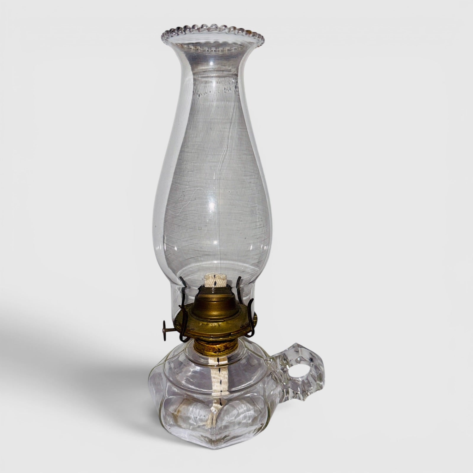 Antique 8 Panel Kerosene Oil Finger Lamp w/ Burner, Wick and Pie Crust Chimney