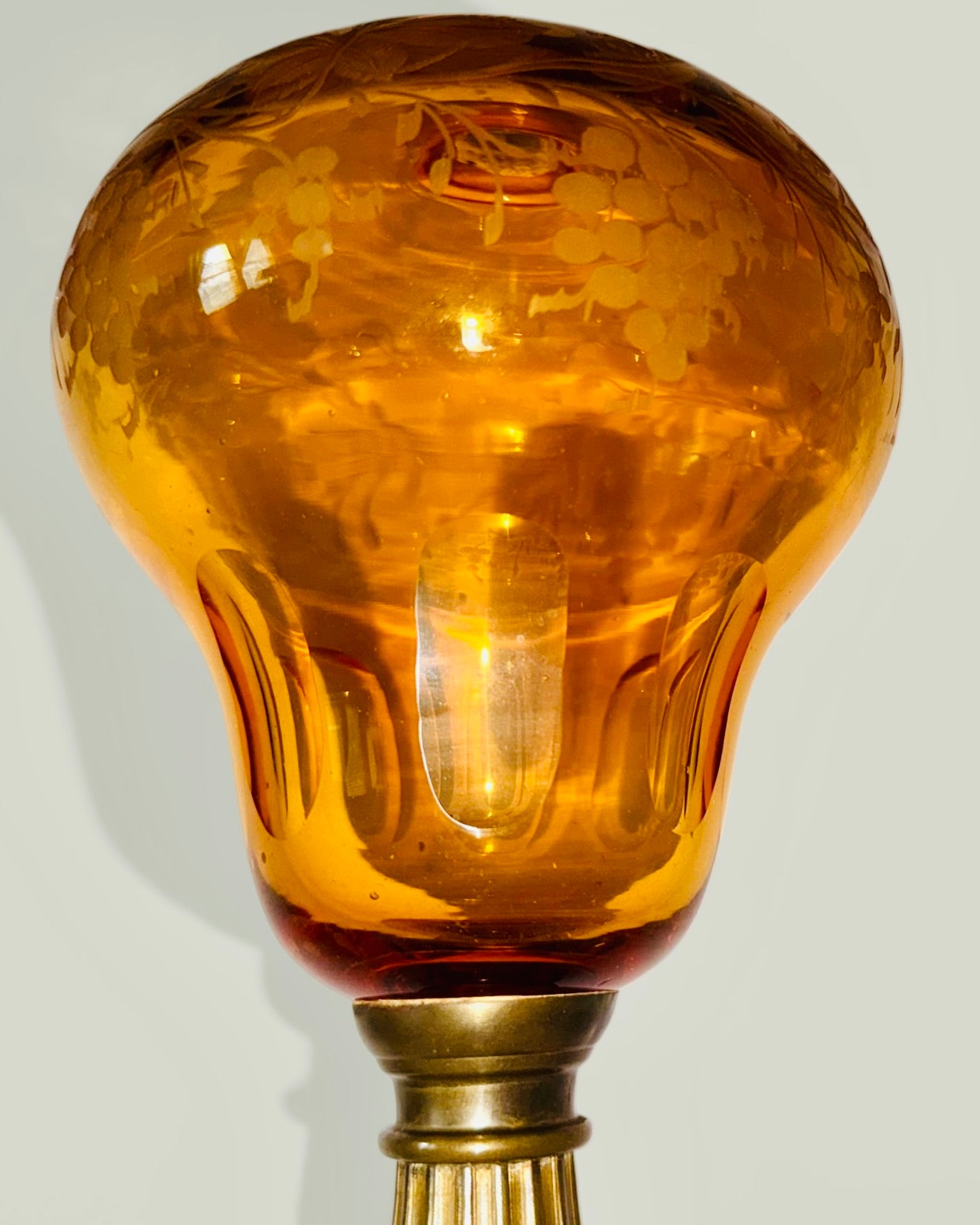 Whale Oil Kerosene Stand Lamp Amber Glass Engraved Grape Motif, Stepped Base