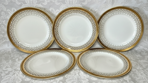 5 Royal Cauldon H8713 Porcelain Salad Plates Gold Greek Key Higgins & Seiter NY - AntiquesEtcetera5 Royal Cauldon H8713 Porcelain Salad Plates Gold Greek Key Higgins & Seiter NYElegant / Collectible DinnerwareAntiquesEtceteraAntiquesEtcetera