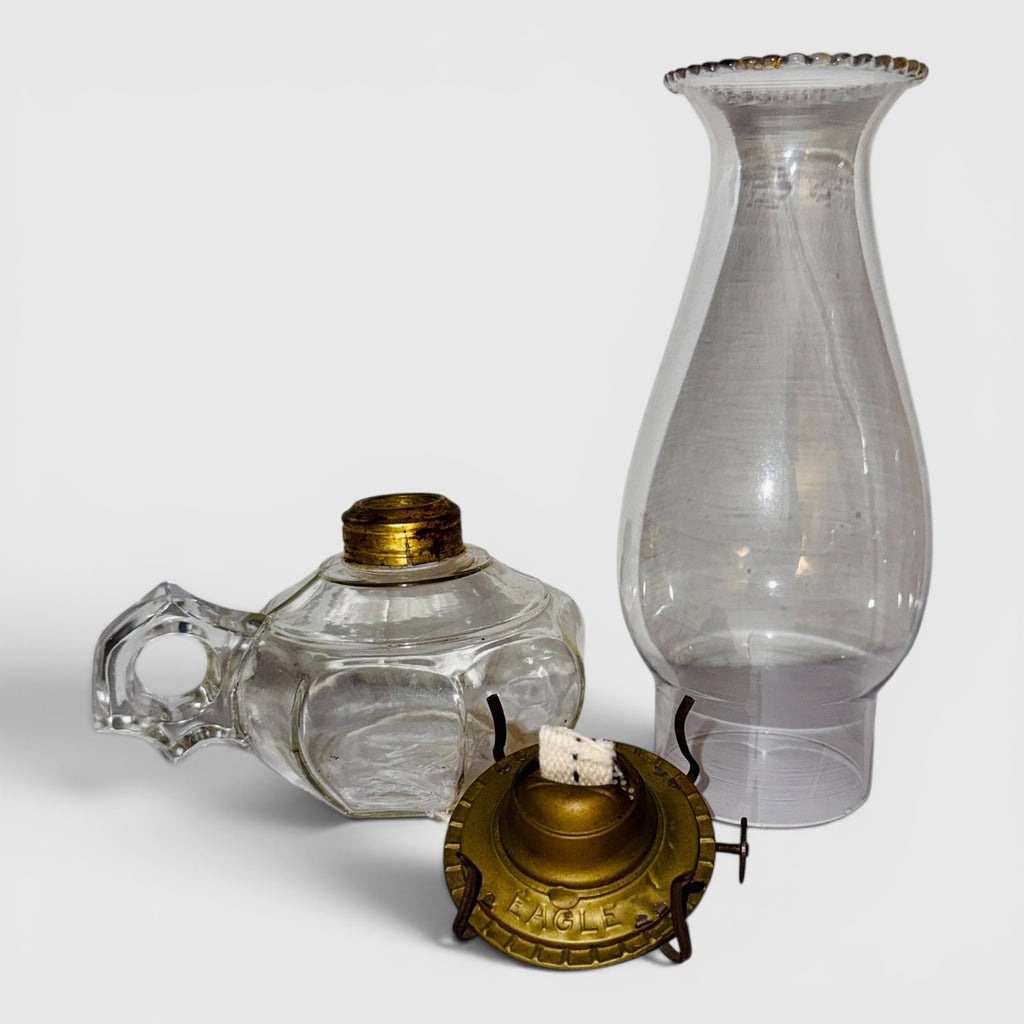 Antique 8 Panel Kerosene Oil Finger Lamp w/ Burner, Wick and Pie Crust Chimney