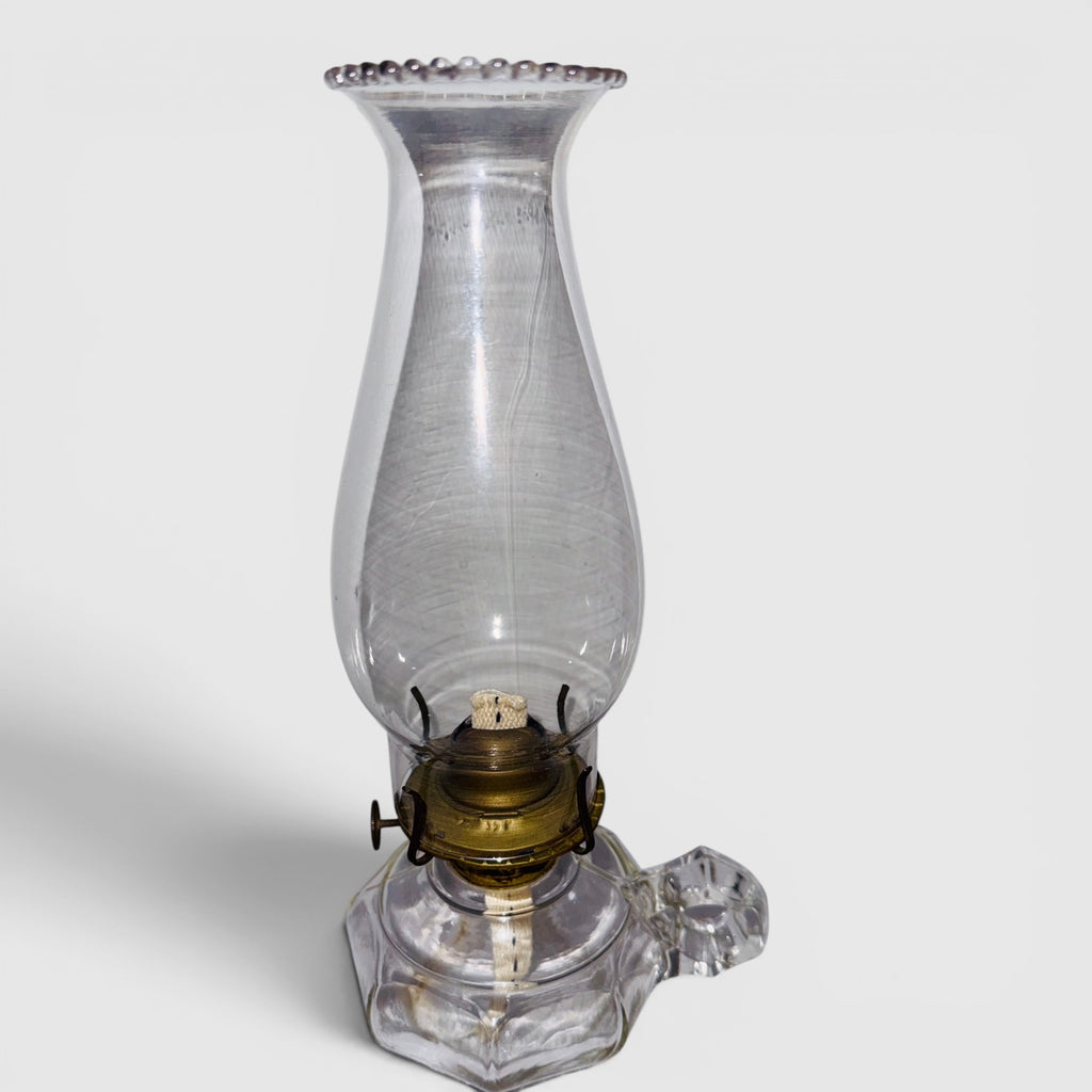 Antique 8 Panel Kerosene Oil Finger Lamp w/ Burner, Wick and Pie Crust Chimney