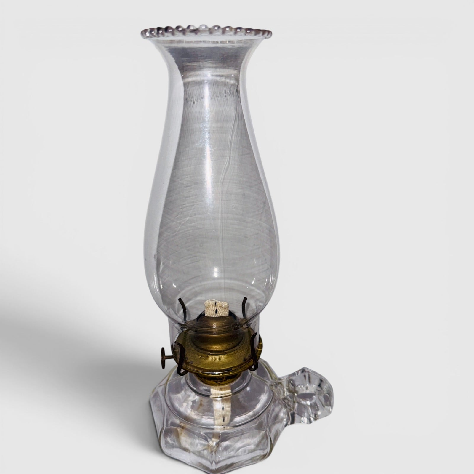 Antique 8 Panel Kerosene Oil Finger Lamp w/ Burner, Wick and Pie Crust Chimney