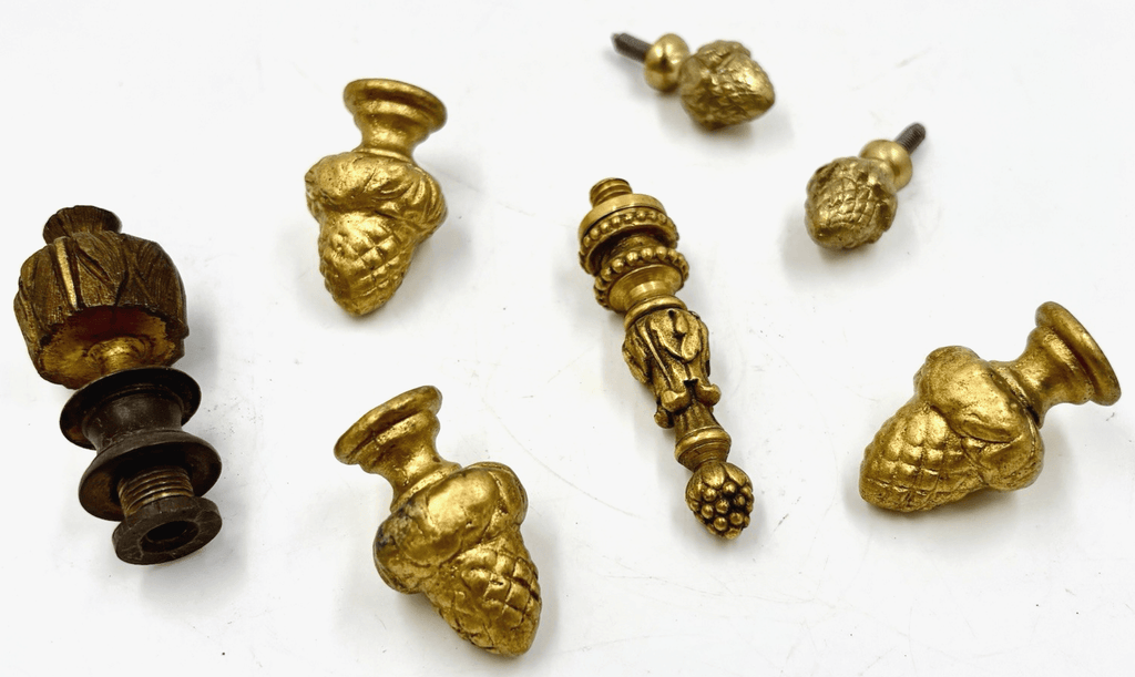 7 Hanging Kerosene Oil Lamp Finials 6 Brass Acorn, 1 Leaf Design / Bushings - AntiquesEtcetera7 Hanging Kerosene Oil Lamp Finials 6 Brass Acorn, 1 Leaf Design / BushingsUnbrandedAntiquesEtcetera