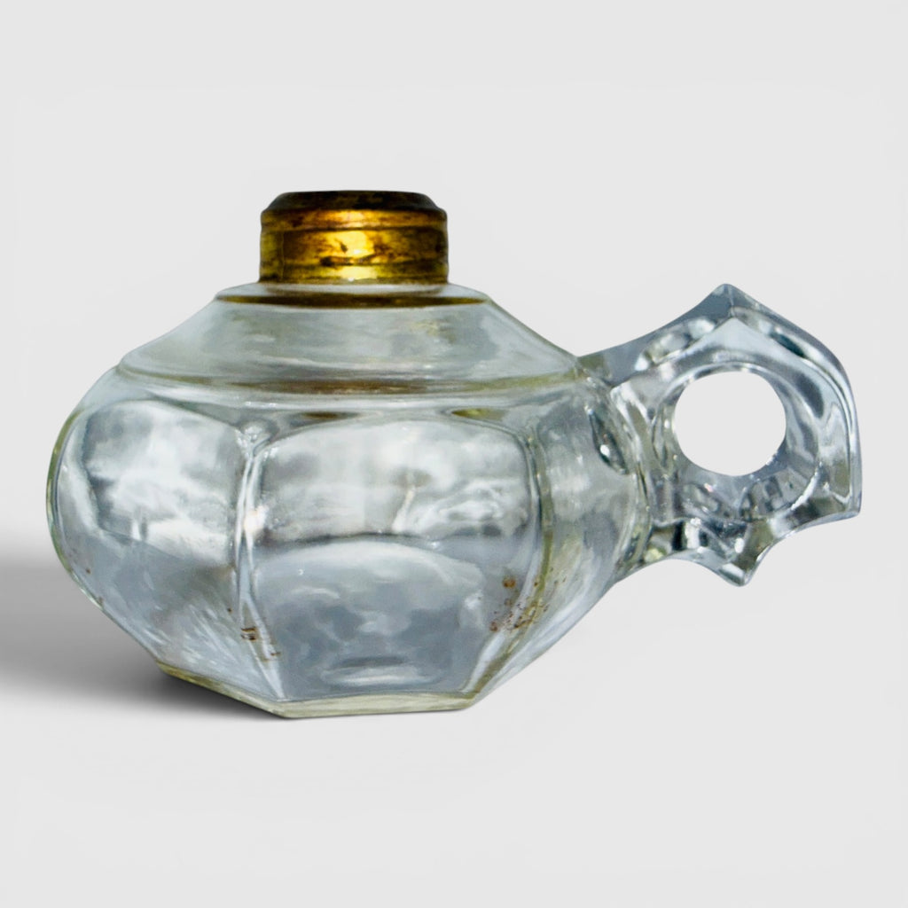 Antique 8 Panel Kerosene Oil Finger Lamp w/ Burner, Wick and Pie Crust Chimney