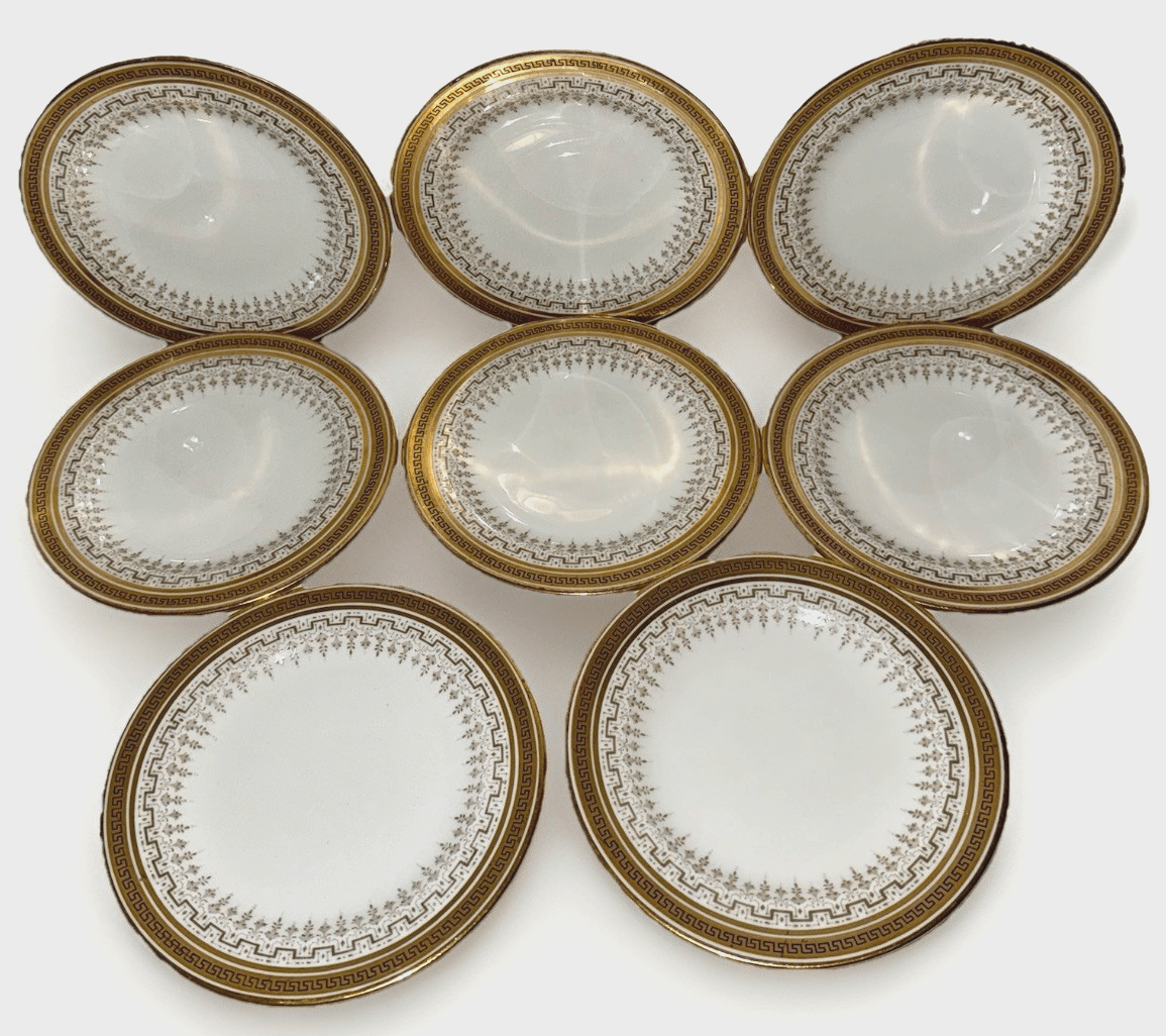 8 Royal Cauldon H8713 Porcelain Bread Plates Gold Greek Key Burley & Co. Chicago - AntiquesEtcetera8 Royal Cauldon H8713 Porcelain Bread Plates Gold Greek Key Burley & Co. ChicagoElegant / Collectible DinnerwareAntiquesEtceteraAntiquesEtcetera