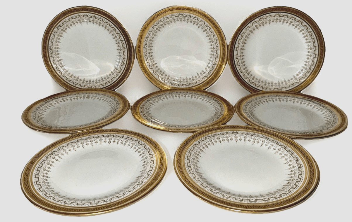 8 Royal Cauldon H8713 Porcelain Bread Plates Gold Greek Key Burley & Co. Chicago - AntiquesEtcetera8 Royal Cauldon H8713 Porcelain Bread Plates Gold Greek Key Burley & Co. ChicagoElegant / Collectible DinnerwareAntiquesEtceteraAntiquesEtcetera