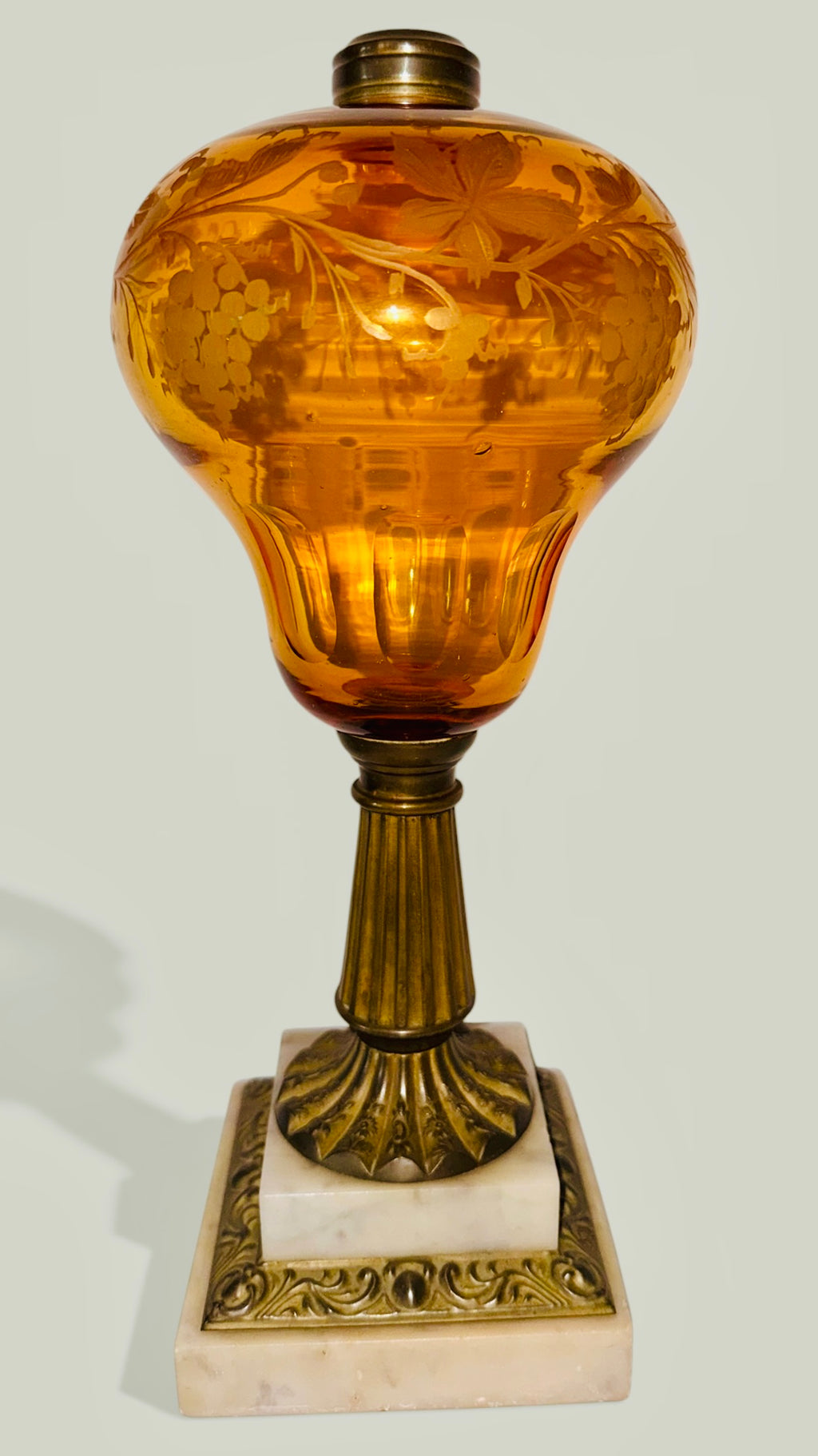 Whale Oil Kerosene Stand Lamp Amber Glass Engraved Grape Motif, Stepped Base