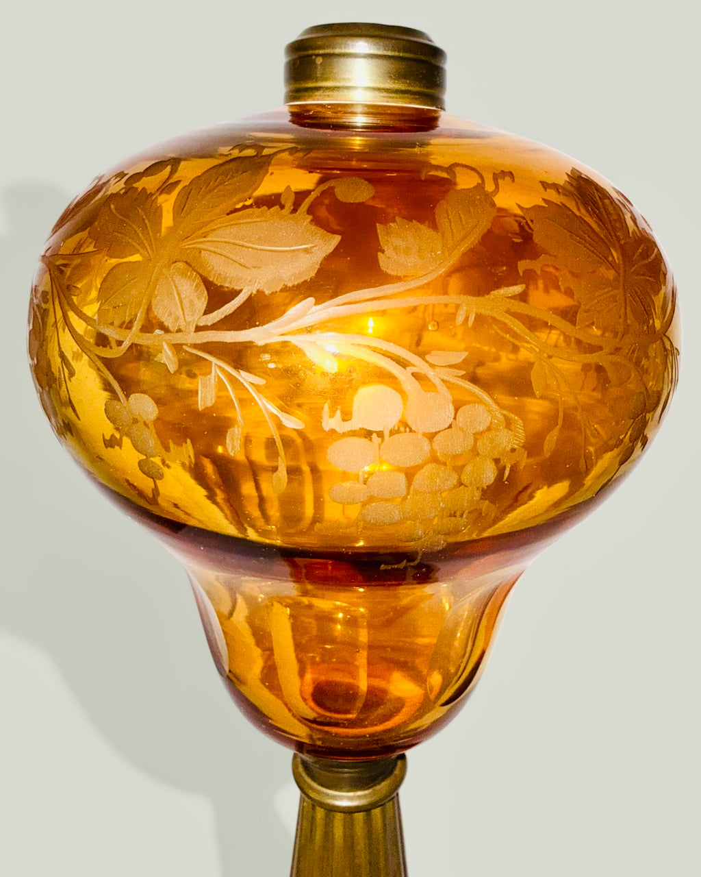 Whale Oil Kerosene Stand Lamp Amber Glass Engraved Grape Motif, Stepped Base