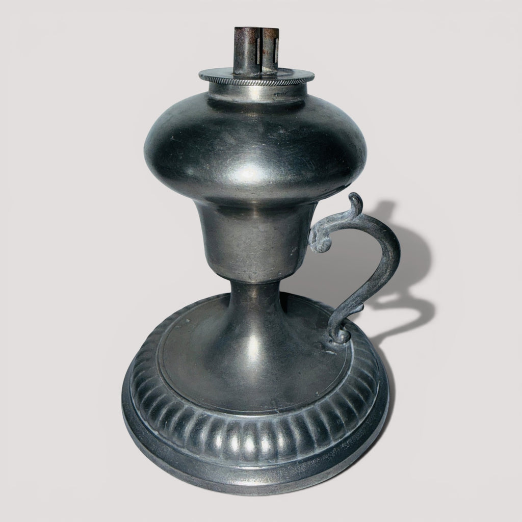 Antique Pewter Whale Oil Finger Lamp with Double Tube Burner