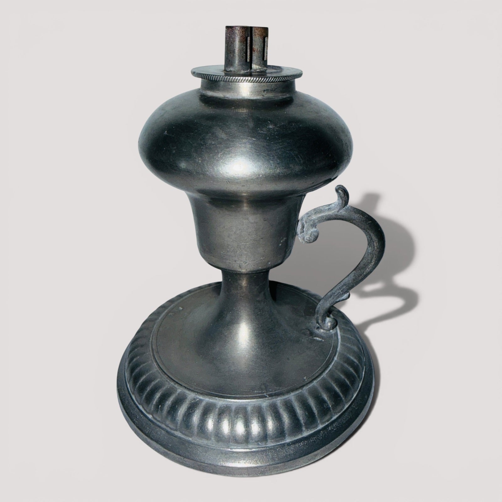 Antique Pewter Whale Oil Finger Lamp with Double Tube Burner
