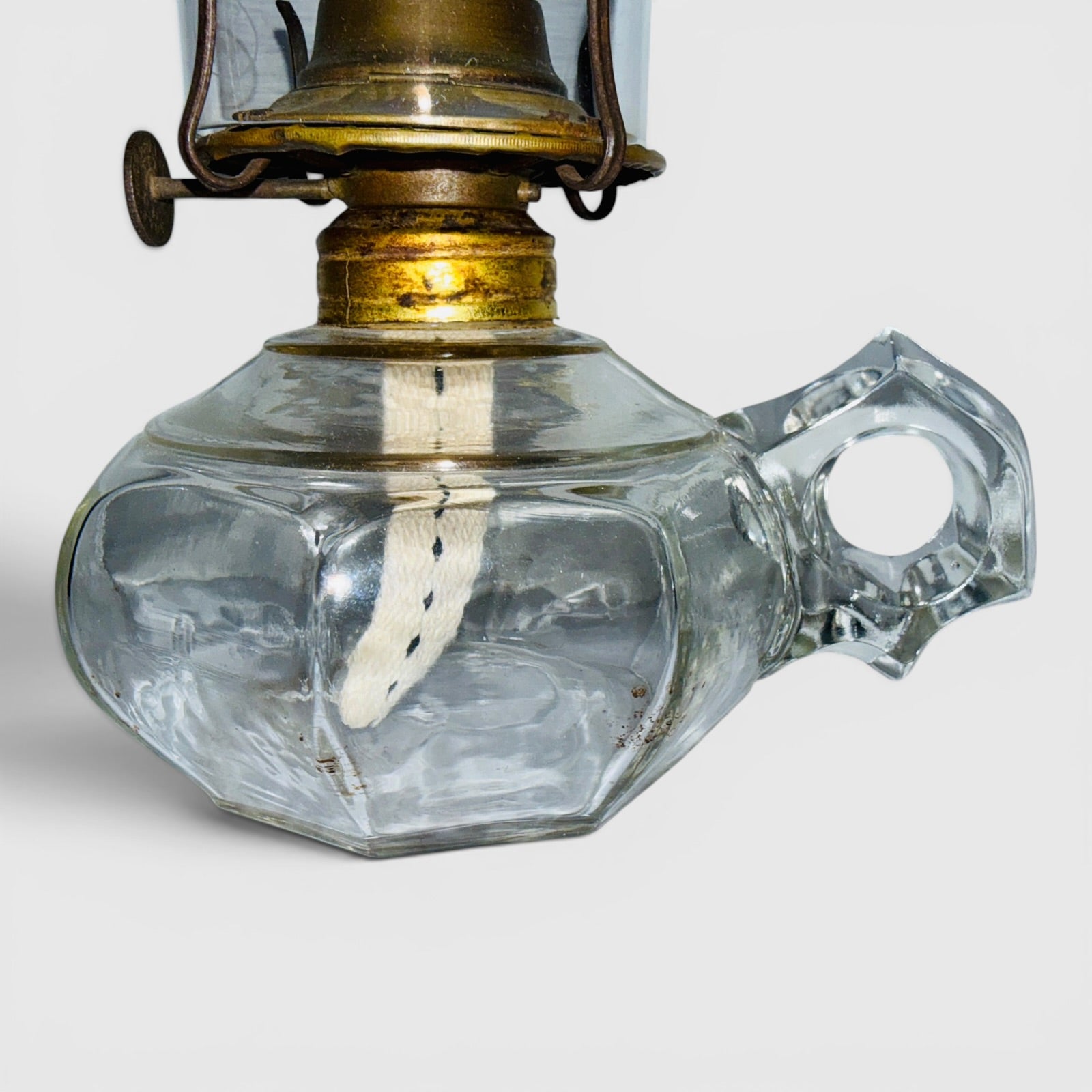 Antique 8 Panel Kerosene Oil Finger Lamp w/ Burner, Wick and Pie Crust Chimney