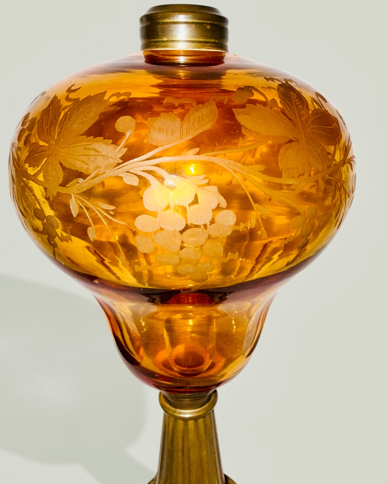 Whale Oil Kerosene Stand Lamp Amber Glass Engraved Grape Motif, Stepped Base