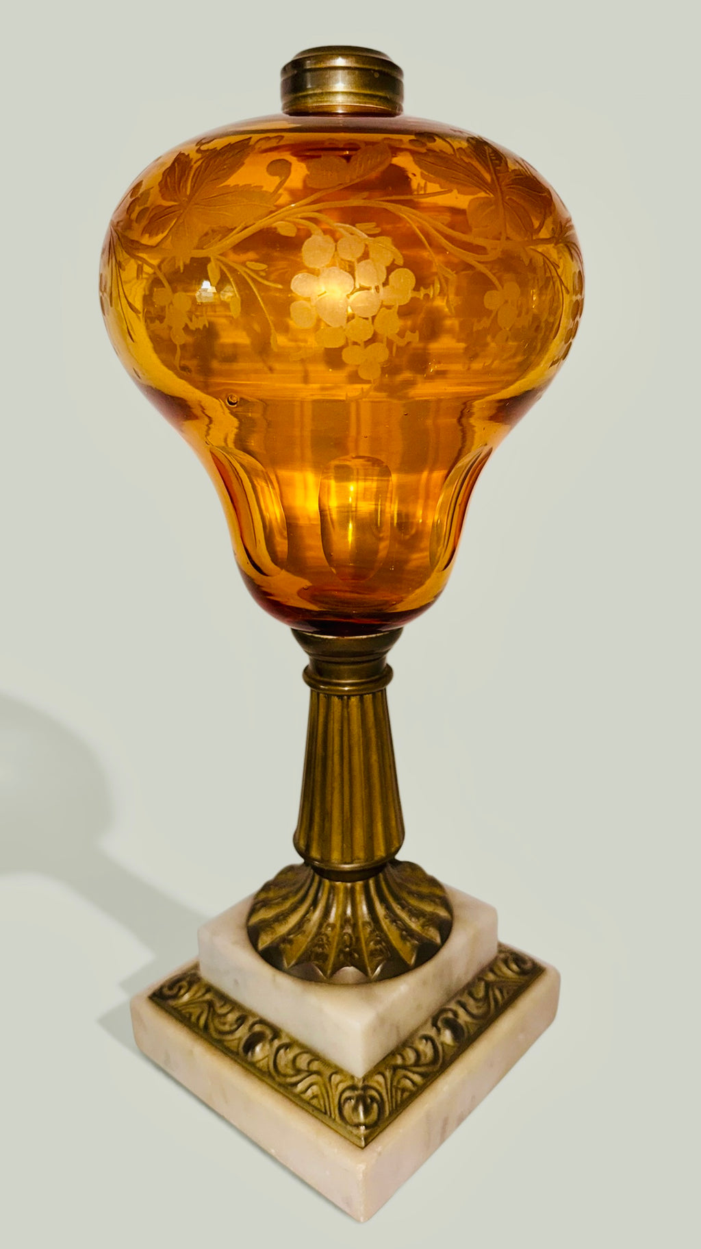 Whale Oil Kerosene Stand Lamp Amber Glass Engraved Grape Motif, Stepped Base