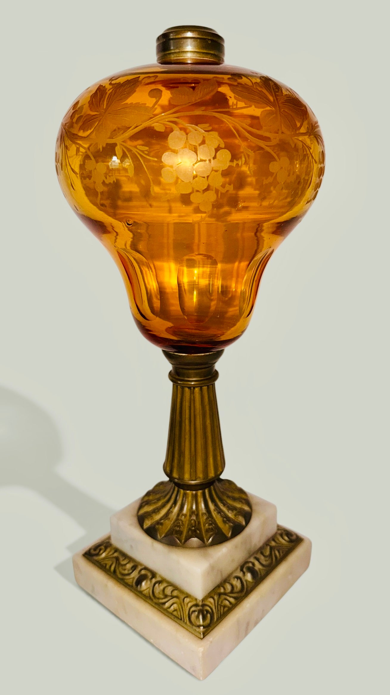 Whale Oil Kerosene Stand Lamp Amber Glass Engraved Grape Motif, Stepped Base