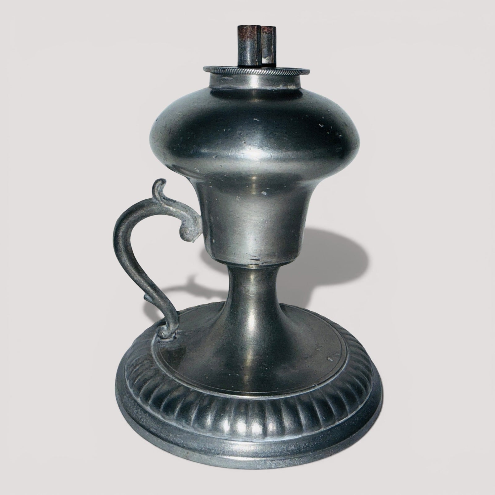 Antique Pewter Whale Oil Finger Lamp with Double Tube Burner