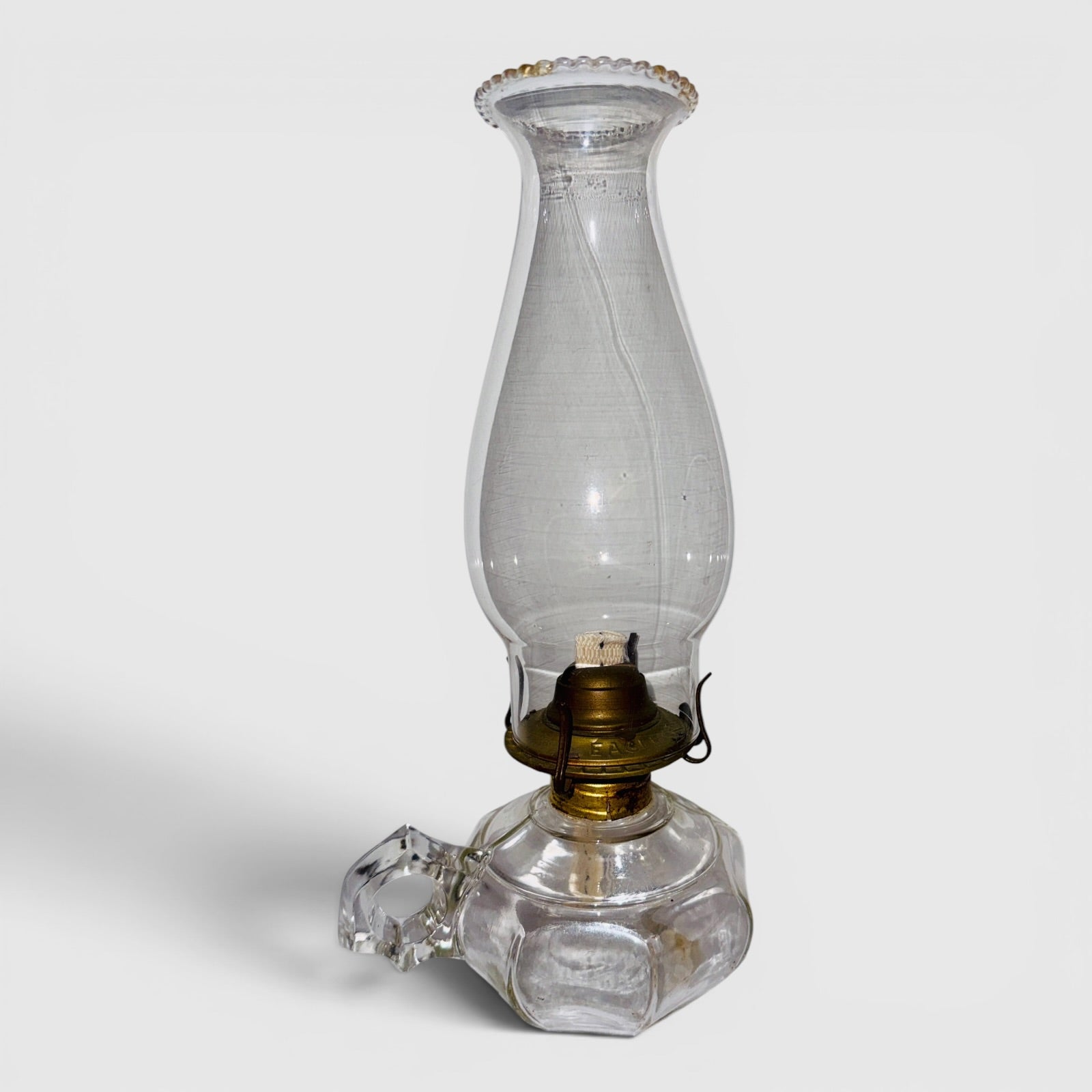 Antique 8 Panel Kerosene Oil Finger Lamp w/ Burner, Wick and Pie Crust Chimney
