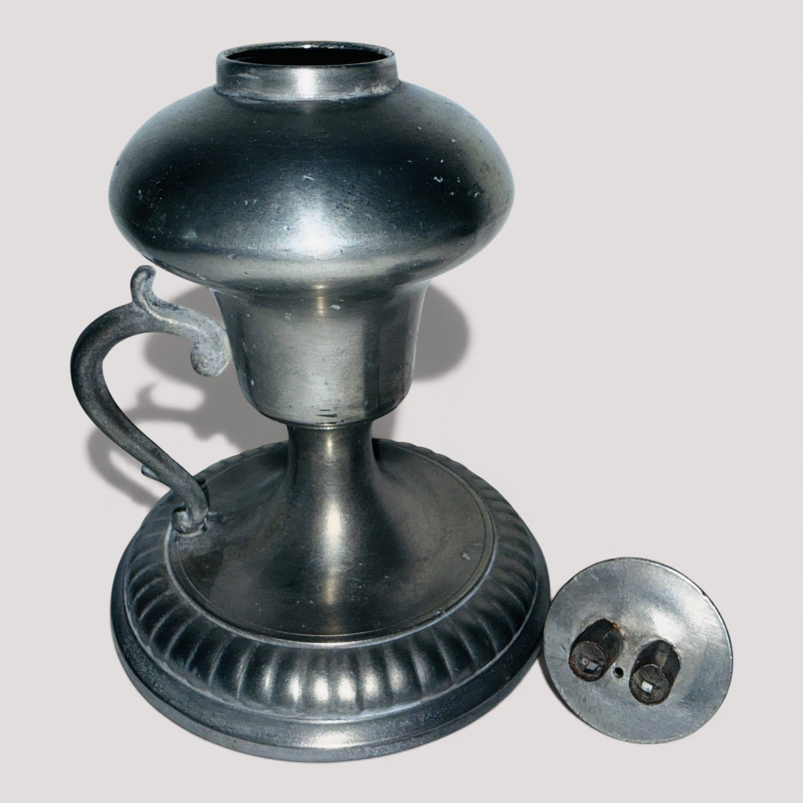 Antique Pewter Whale Oil Finger Lamp with Double Tube Burner