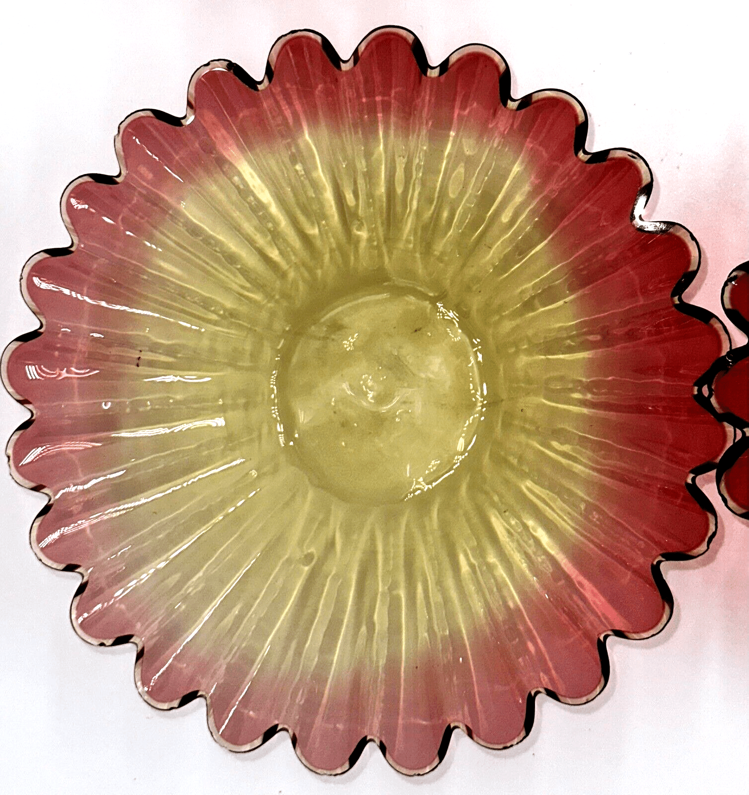 Accordion Rimmed Amberina Glass Fruit Bowls 6 5/8" x 1 1/2" Antique Set Of 4 - AntiquesEtceteraAccordion Rimmed Amberina Glass Fruit Bowls 6 5/8" x 1 1/2" Antique Set Of 4AntiquesEtceteraAntiquesEtcetera