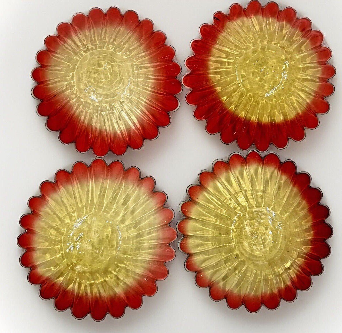 Accordion Rimmed Amberina Glass Fruit Bowls 6 5/8" x 1 1/2" Antique Set Of 4 - AntiquesEtceteraAccordion Rimmed Amberina Glass Fruit Bowls 6 5/8" x 1 1/2" Antique Set Of 4AntiquesEtceteraAntiquesEtcetera