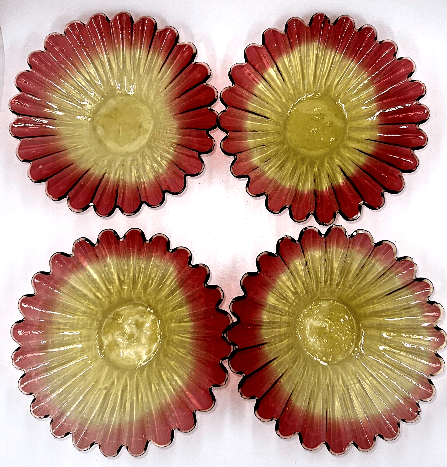Accordion Rimmed Amberina Glass Fruit Bowls 6 5/8" x 1 1/2" Antique Set Of 4 - AntiquesEtceteraAccordion Rimmed Amberina Glass Fruit Bowls 6 5/8" x 1 1/2" Antique Set Of 4AntiquesEtceteraAntiquesEtcetera