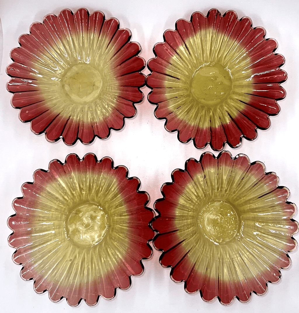 Accordion Rimmed Amberina Glass Fruit Bowls 6 5/8" x 1 1/2" Antique Set Of 4 - AntiquesEtceteraAccordion Rimmed Amberina Glass Fruit Bowls 6 5/8" x 1 1/2" Antique Set Of 4AntiquesEtceteraAntiquesEtcetera