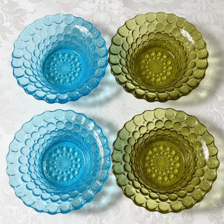 Adams 1000 Eye Glass Berry 4 1/2" Sauce Bowls (2 Blue, 2 Amber) Antique Set Of 4AntiquesEtcetera